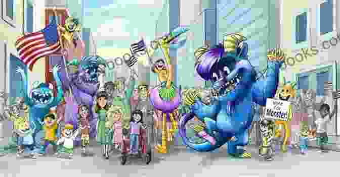 A Colorful Illustration Of Monster, The Lovable Protagonist Of 'Monster Needs Your Vote,' Standing On A Podium And Waving To A Crowd Of Cheering Monsters. Monster Needs Your Vote (Monster Me)